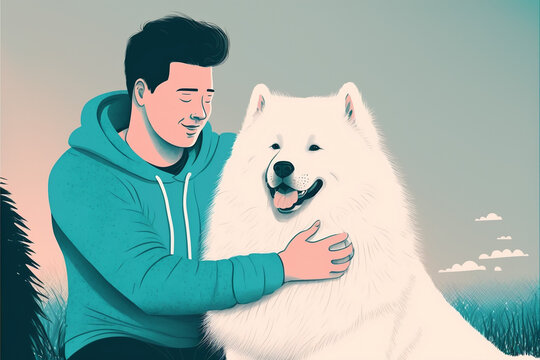 Man caring for his happy Samoyed dog.  Generative AI.