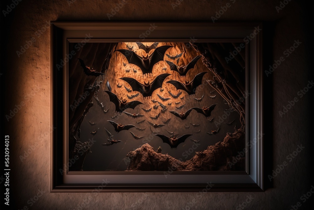 Poster a picture of bats in a dark room with a light on the wall behind them and a picture of bats on the w