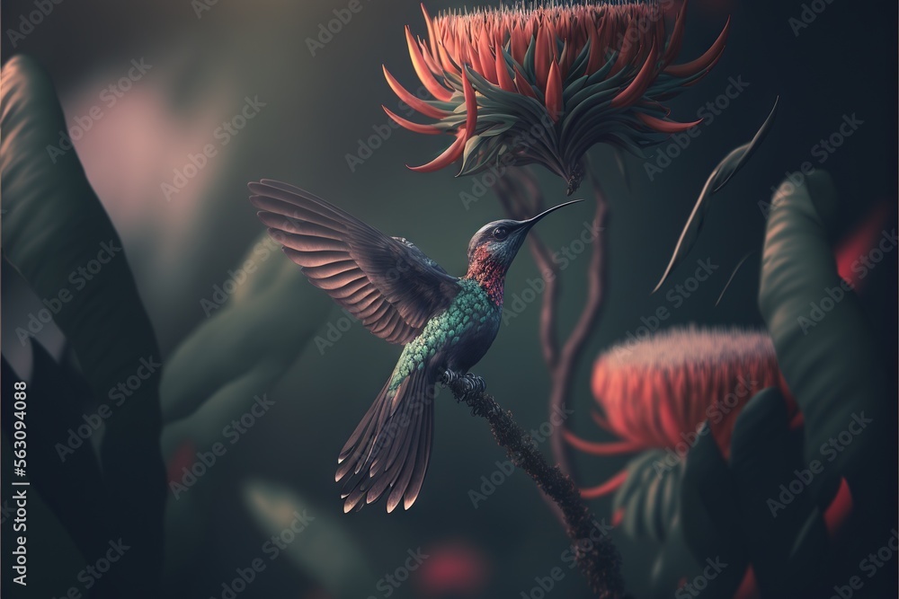 Poster a hummingbird flying towards a flower in a forest of flowers with a dark background and a green and 