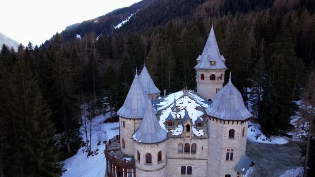 amazing fairytale medieval castle Savoia in Valle d'Aosta north of Italy. aerial drone view footage