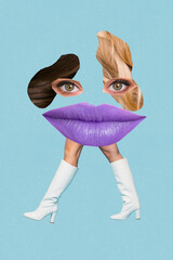 Exclusive magazine picture sketch collage image of strange face pieces walking legs isolated...