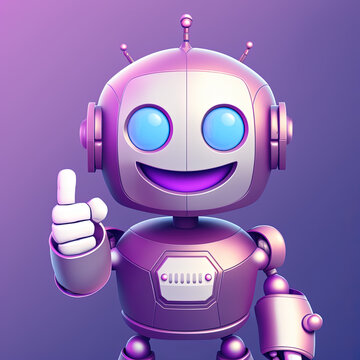 Smiling Robot Pointing A Finger At You Over Blue Background, Generative AI Illustration