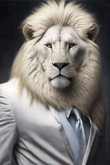 An important white lion in a business suit. AI generation
