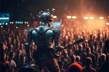A robot rockstar performing on stage in front of a huge crowd Generative AI