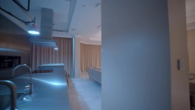Contemporary interior design of the living room. Stylish interior of the Kitchen-living room. 3d visualization
