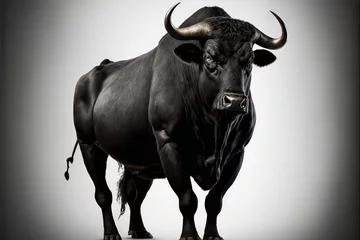 Zelfklevend Fotobehang  a bull with large horns standing in a white room with a gray background and a black frame around it's neck and head, with a black cord in the foreground, with a. Generative AI © Oleg