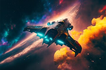 Obraz na płótnie Canvas A spaceship flying in front of a colorful galaxy Generative AI
