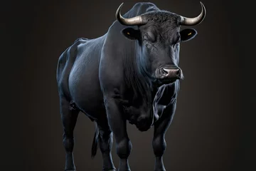 Zelfklevend Fotobehang  a black bull with horns standing in a dark room with a black background and a black background behind it is a black background with a black background and white border with a black border and. © Oleg