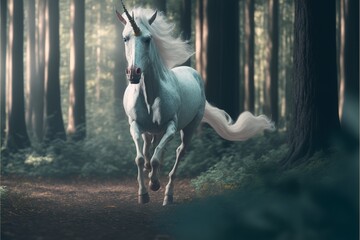Obraz na płótnie Canvas A unicorn running through a magical forest Generative AI