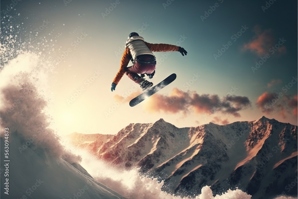 Poster a snowboarder is in the air above a mountain range with clouds and sun shining on the mountains behi