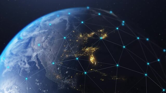 Digital grid over the surface earth planet. View from space satellite. Abstract global plexus network growing and covering world. Modern business, data connections, internet and technology concept. 