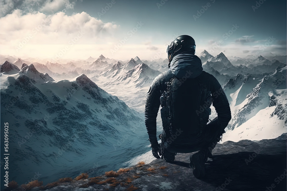 Poster a man sitting on top of a mountain looking at the mountains below him and a sky filled with clouds a