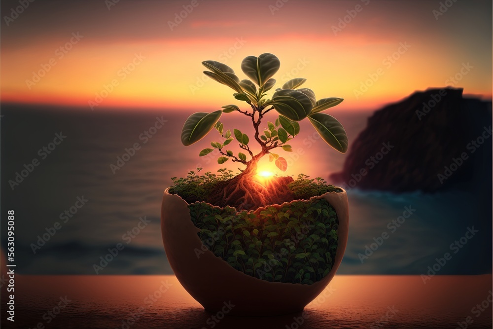 Poster a plant in a vase with a sunset in the background and a body of water in the foreground with a rock 