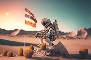 A robot astronaut planting a flag on a distant planet Generative AI