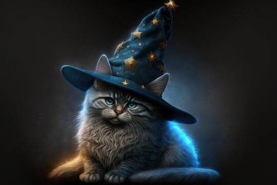 Magical Hat Wizard Cat Illustration Generative Ai