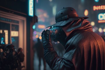 A robot detective solving a case in a cyberpunk city Generative AI