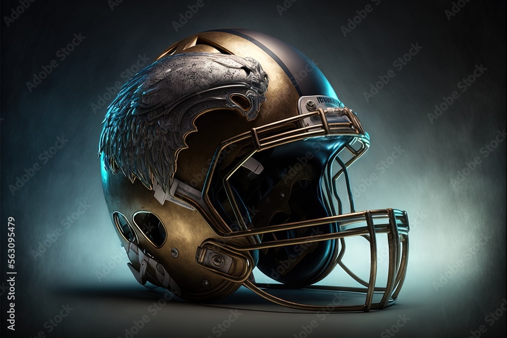 Poster a football helmet with a metallic eagle on it's side and a blue background with a black background a
