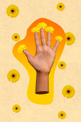 Creative retro 3d magazine collage image of arms having fingers nails floral manicure isolated painting background