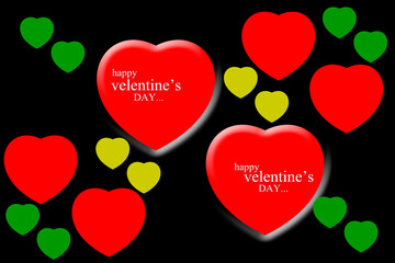 closeup the white color happy valentine's day and red yellow, green, hearts on the black background.