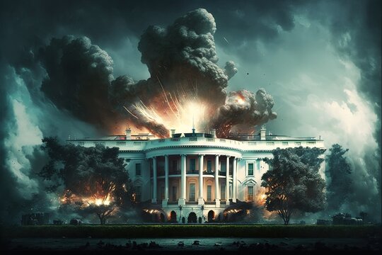 White house in Washington dc exploding and collapsing in destruction generative ai
