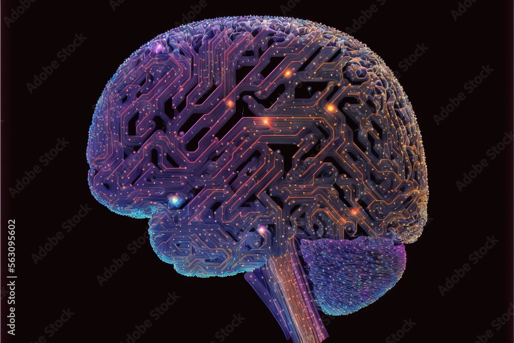 Poster a computer brain with a circuit board in the middle of it's brain area and a circuit board in the mi