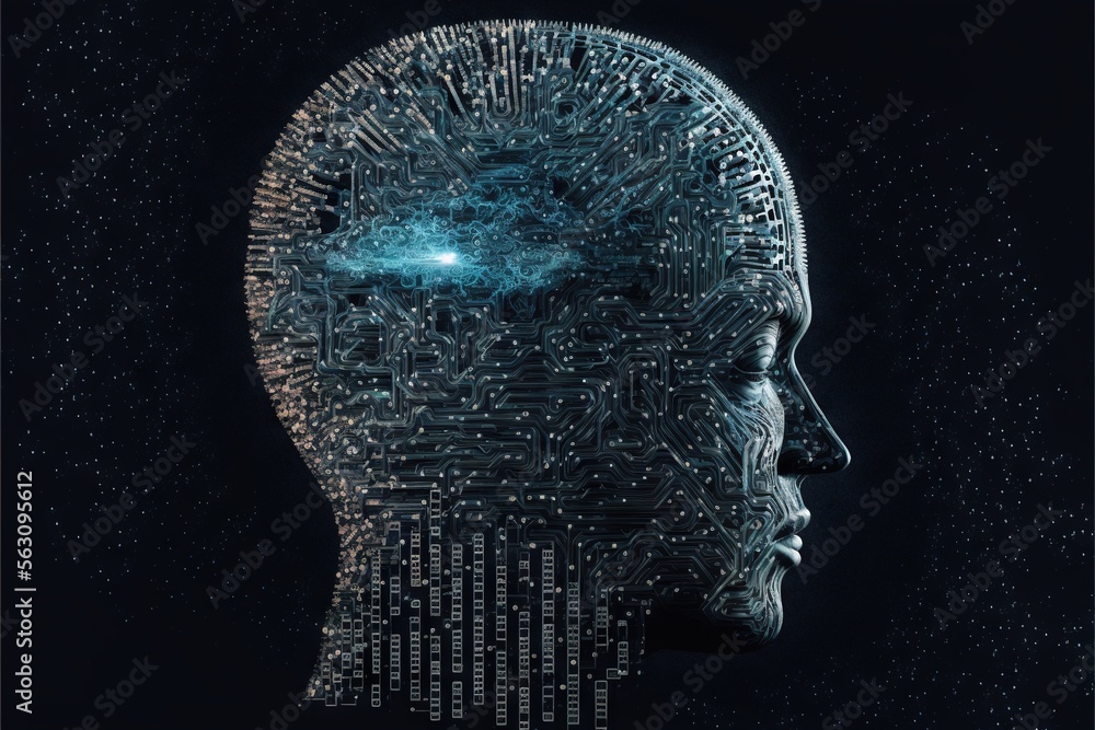 Poster a man's head with a circuit board pattern on it and a light shining in the middle of the head and th