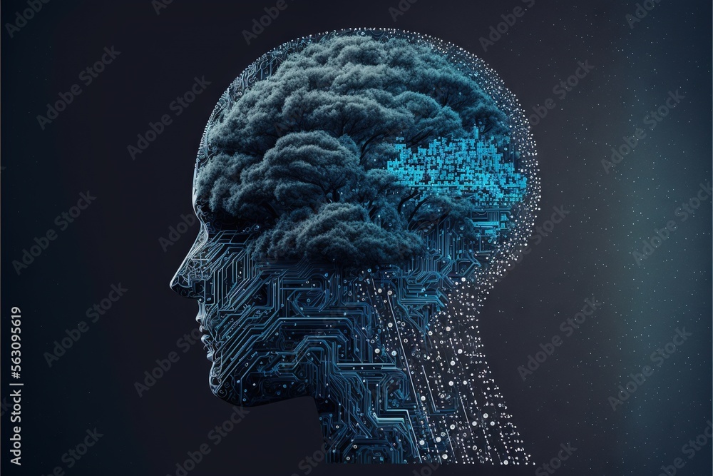 Poster a head with a circuit board pattern and a cloud of smoke coming out of it's side, with a blue backgr