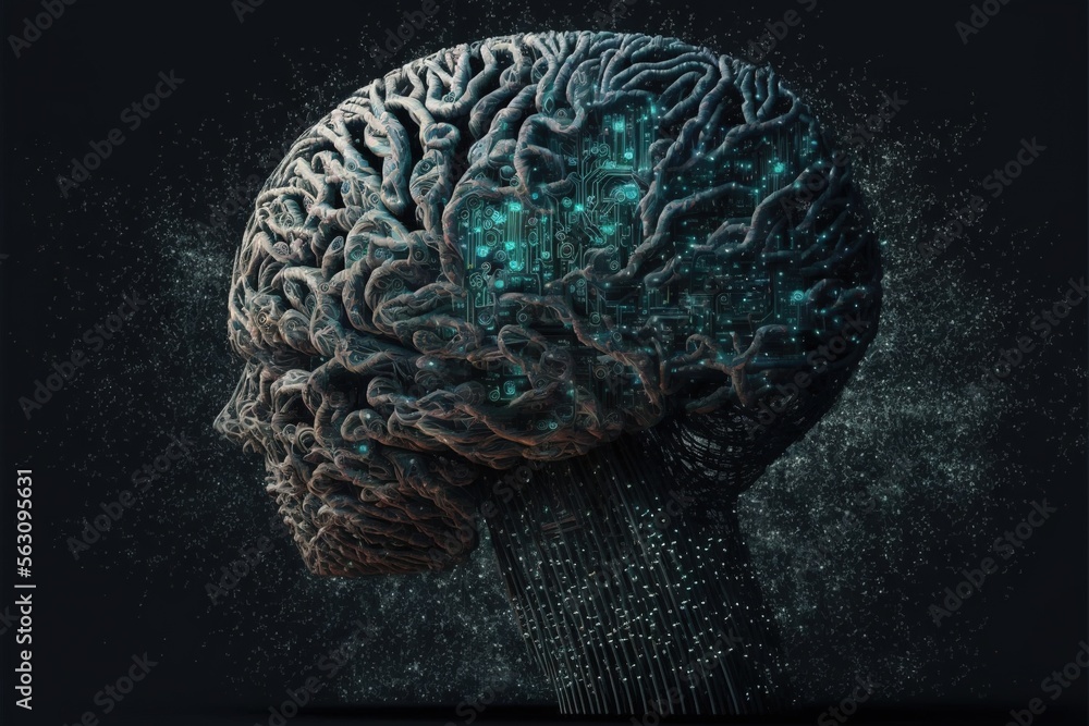 Poster a computer generated image of a human brain with a lot of dots on it's side and a black background w