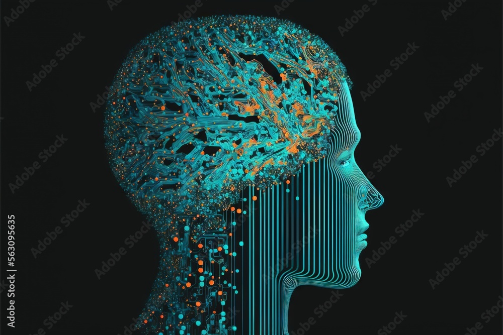Poster a person's head with a brain pattern on it and a black background with blue and orange dots on it an