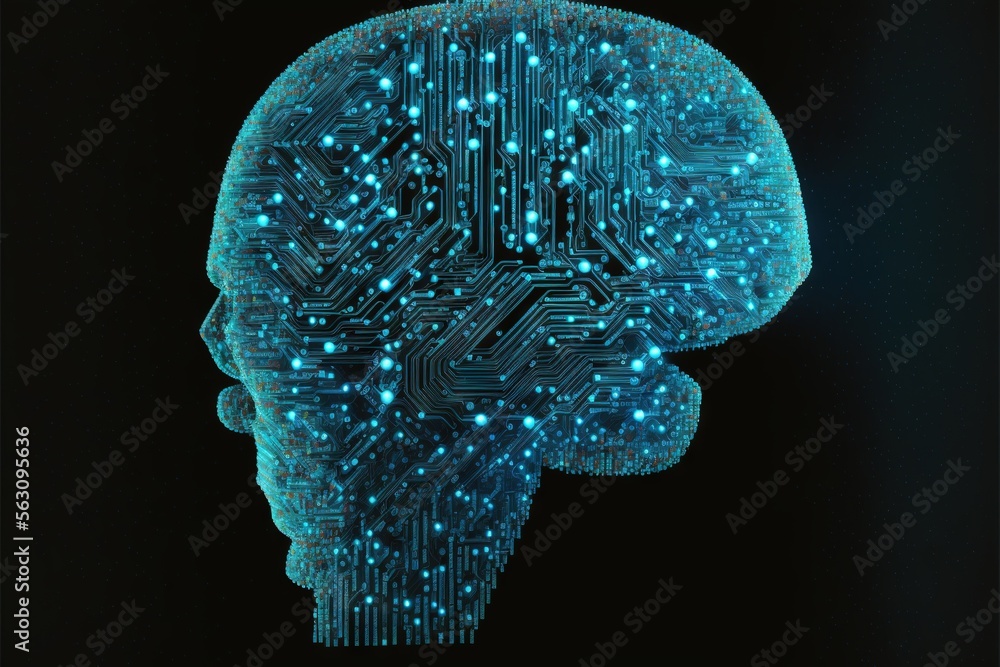 Poster a computer circuit board in the shape of a human head with a circuit board in the shape of a human h