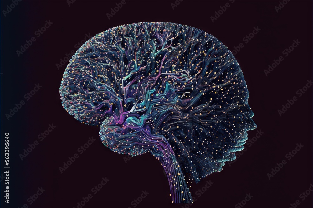 Poster a human head with a brain map in the middle of it's side and a blue background with white dots on th