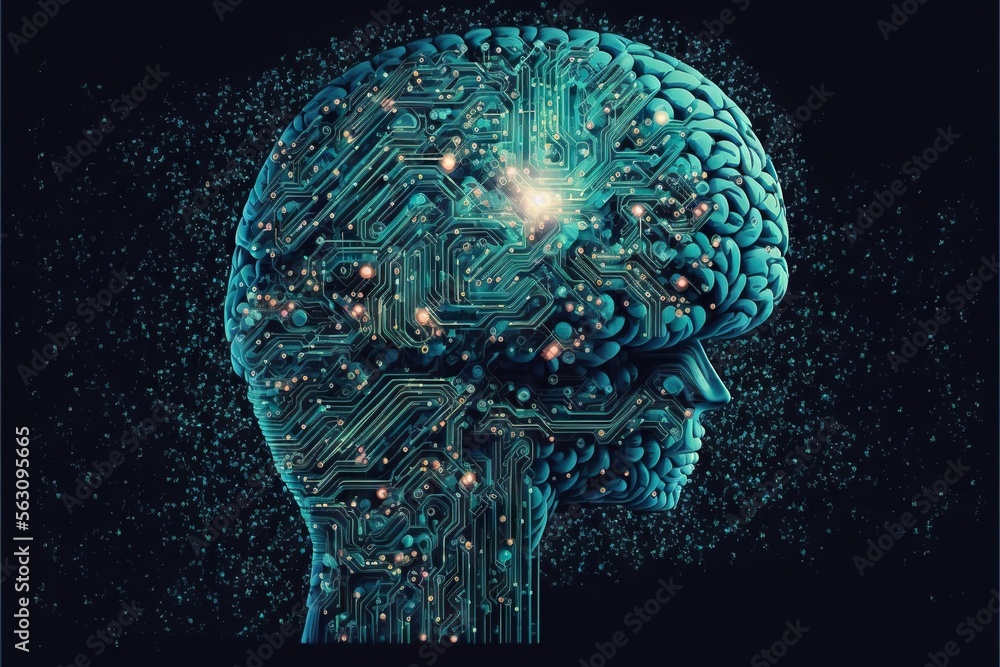 Poster a computer circuit board in the shape of a human head with a glowing light coming out of it's brain 