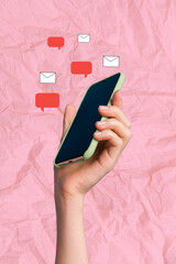 Photo collage artwork minimal picture of arm typing instagram twitter telegram facebook isolated...