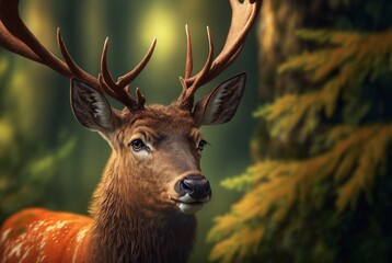 Deer in forest at sunrise. Generative AI