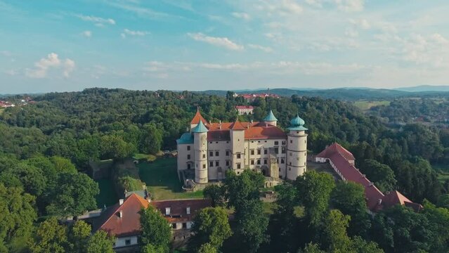 aerial view of Warsaw old town, historical centre of Warsaw at sunrise, flying above Warsaw royal castle, capital of Poland, tourism in Eastern Europe. High quality 4k footage