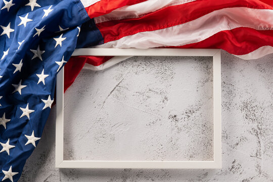Presidents' Day. Banner template design of presidents day concept, flag of United States American and photo frame space, USA flag for Memorial day on white abstract background
