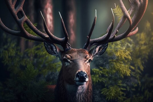 Red deer stag in Lush green fairytale growth concept foggy forest landscape image.