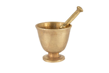 Antique brass mortar with pestle isolated on white background