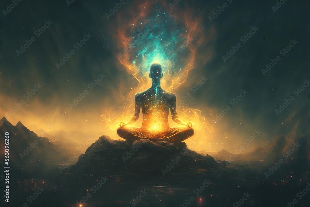 Poster a person sitting in a lotus position with a bright light in the middle of the image and a blue and y