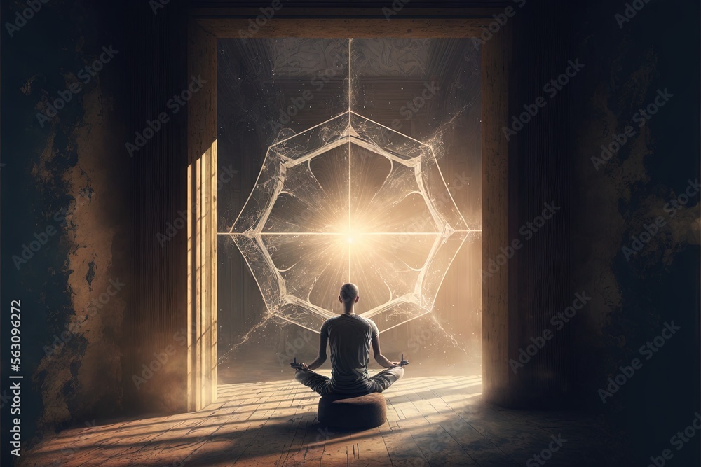 Poster a man sitting in a meditation position in front of a doorway with a light shining through it and a g
