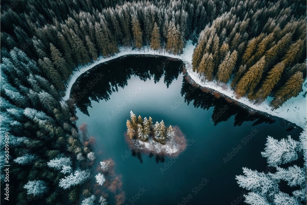Poster a lake surrounded by trees covered in snow in the middle of winter with a small island in the middle