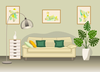 Modern furniture in simple flat style. Cozy  living room interior with sofa, vase and lamp and floor lamp, paintings and plant pot. Minimalist style in light beige colors