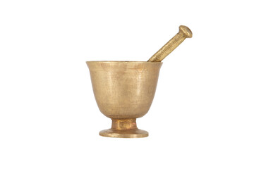 Antique brass mortar with pestle isolated on white background