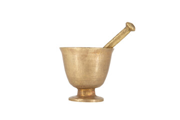 Antique brass mortar with pestle isolated on white background