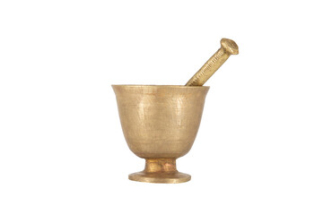 Antique brass mortar with pestle isolated on white background