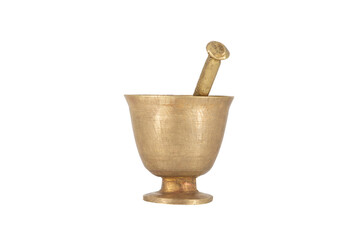 Antique brass mortar with pestle isolated on white background