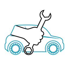 Wrench in hand and car silhouette. Repair and service auto sign