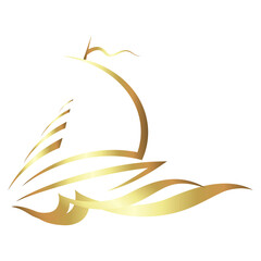 Yacht silhouette with sail on blue wave