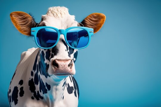  a cow wearing sunglasses and a cow's head is shown in the foreground of a blue background with a light brown cow's head and a light brown ear and a light. generative ai