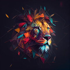 Low poly abstract lion portrate made from triangles in orange and blue color, generative ai
